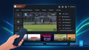 Usuário usando controle remoto para trocar canais rapidamente no VeloPlay na Smart TV