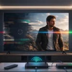 Homem assistindo a um filme na TV enquanto a conexão de internet está fraca, com o aplicativo VeloPlay exibindo travamentos, buffer e sinais de rede instável no televisor.