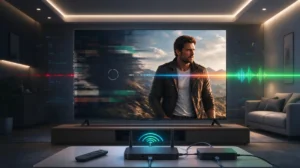 Homem assistindo a um filme na TV enquanto a conexão de internet está fraca, com o aplicativo VeloPlay exibindo travamentos, buffer e sinais de rede instável no televisor.